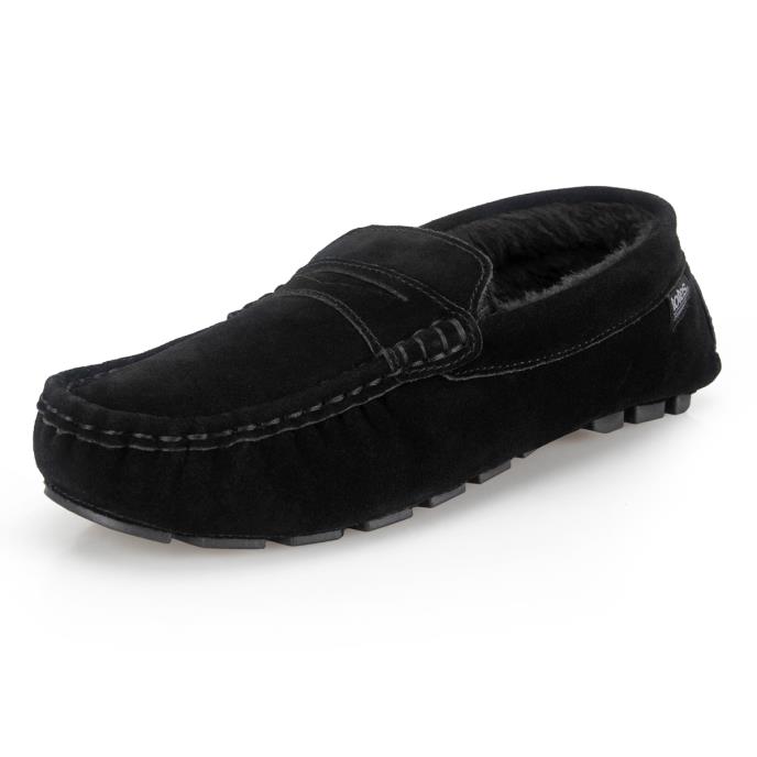 Isotoner® Mens Fur Lined Suede Moccasin Slipper Black Extra Image 2
